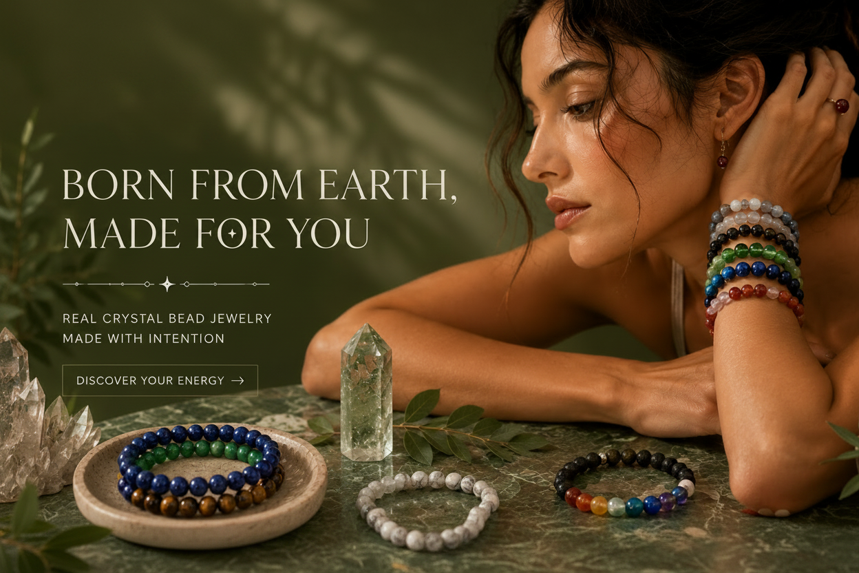 Dynaura website hero banner featuring a model wearing colorful real crystal bead bracelets surrounded by natural crystal stones on a deep green luxury background with the text “Born From Earth, Made For You.